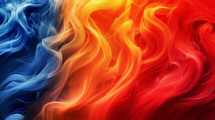 Dynamic abstract image capturing a fluid wave of fiery reds and cool blues, conveying a sense of motion and contrast in vivid colors. Abstract Color Wave Background, Interplay of Warm and Cool Hues