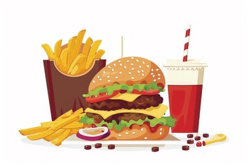 front view of a burger with fries on white background
