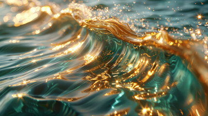 Surface water waves of sea with golden light tone, texture of glitter water and soft waves with sun glare and ripple.