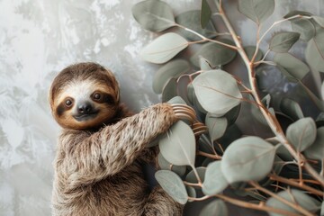 Fototapeta premium A joyful baby sloth with a subtle smile, comfortably clinging to eucalyptus branches
