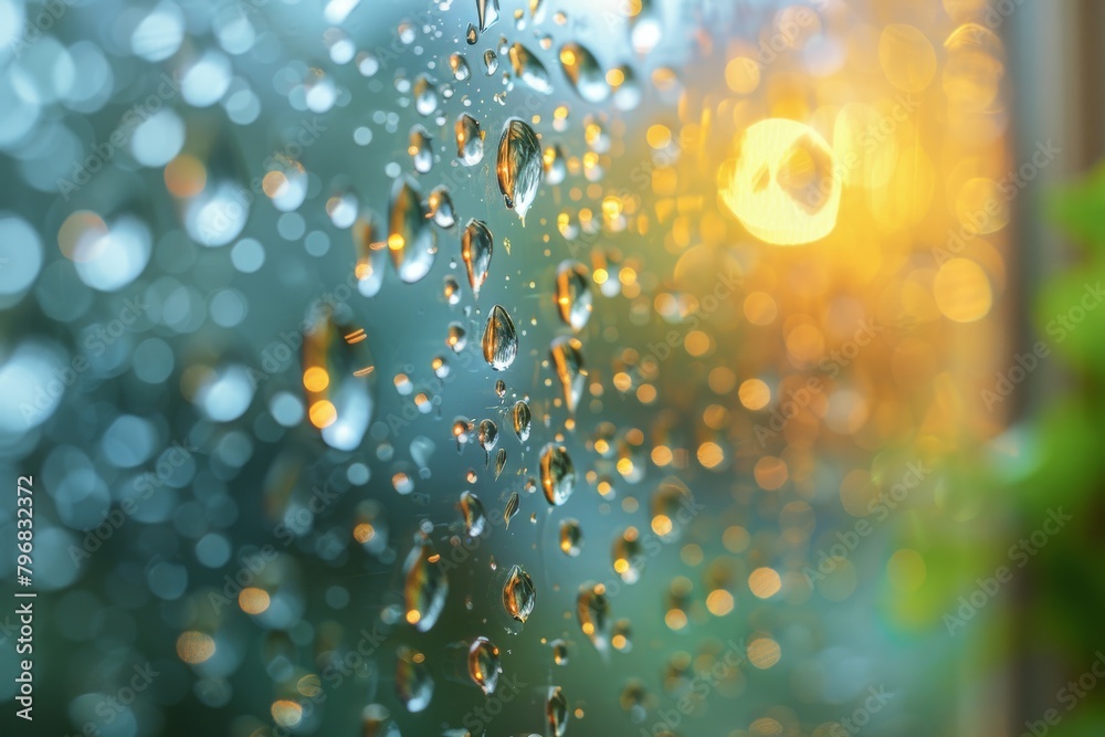 Poster close-up view of raindrops on glass, bokeh light effect creating a captivating visual texture