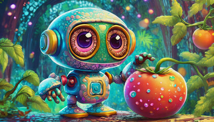 oil painting style CARTOON CHARACTER cute  robot hold a tomato isolated on binary cod background