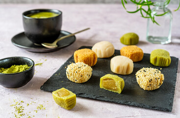 Assorted Mochi with Matcha Tea Culinary Still Life
