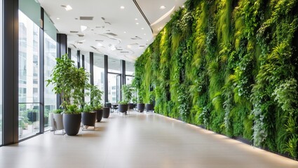 This is an image of a long, brightly lit hallway with potted plants on one side and a wall of fake plants on the other side.

