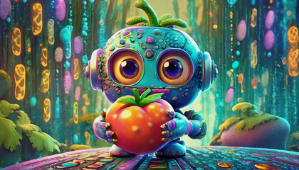 oil painting style CARTOON CHARACTER cute  robot hold a tomato isolated on binary cod background - obrazy, fototapety, plakaty