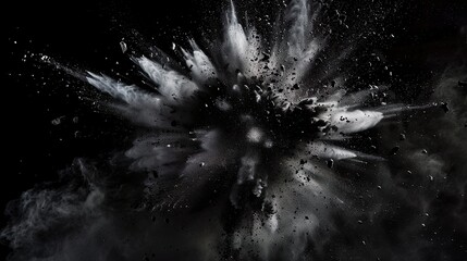 Graue und schwarze Farbexplosion vor dunklem Hintergrund, rauchender Knall, Explosion aus grauem und schwarzem Pulver