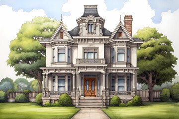 Classical Style House (Cartoon Colored Pencil) - Ancient Greece and Rome, popular in the United States in the late 18th and early 19th century, characterized by a symmetrical design with columns