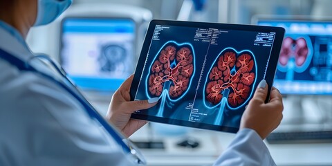 Doctor Examining Detailed 3D Kidney Scans on Tablet Detecting Abnormalities and Predicting Future Health Issues