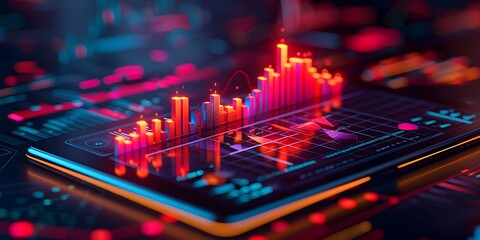 Dynamic 3D Financial Data Visualization on a Tablet Interface Highlighting Market Growth and Analytics