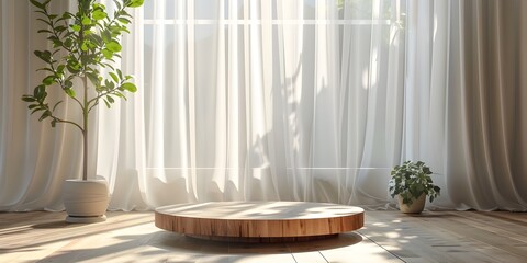Serene and Stylish Wooden Podium with White Curtains Illuminated by Warm Sunlight Perfect for Presenting Luxury Cosmetic Products