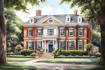 Georgian Style House (Cartoon Colored Pencil) - Originated in England in the 18th century, characterized by symmetrical design, columns, and pediments above the front door and windows - obrazy, fototapety, plakaty