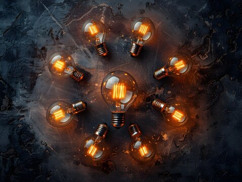 Illuminated Central Bulb Surrounded by Darkness Representing Leadership and