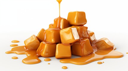 Caramel candies and caramel sauce isolated.