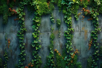 Lush greenery creeps over a gray concrete wall, illustrating nature's resilience and the concept of urban gardening