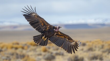 Fototapeta premium A lone vulture circling high above, a silent observer of the desolate landscape below.
