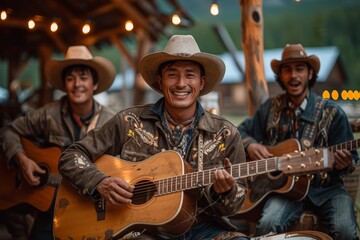 Three smiling cowboys in hats playing acoustic guitars at a festive gathering