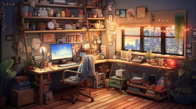 a photo isometric students room illustration, pastel colors, moody lighting, AI Generative