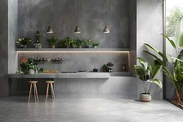 Contemporary modern kitchen interior in in grey concrete with green house plants.