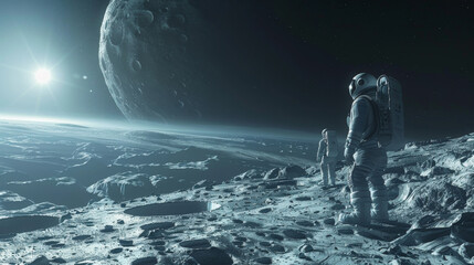 Obraz premium A man in a space suit stands on a rocky surface, looking up at a large planet