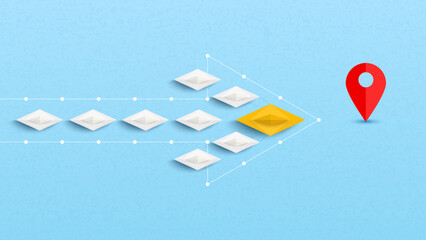 Yellow paper boat leads among white boat to destination. Business leadership, Leadership, teamwork, start up. Vector illustrations