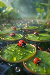 Ladybugs Playing Dodgeball with Dew Drops on Lily Pads