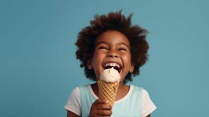 Cheerful kid eating ice cream in waffle cone isolated on blue.