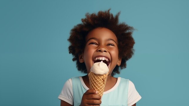 Cheerful kid eating ice cream in waffle cone isolated on blue. - Powered by Adobe