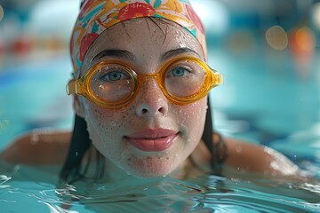 Close-up of smiling female swimmer with colorful swim cap and goggles in pool - Powered by Adobe