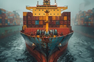 Majestic view of a large cargo ship navigating through foggy waters, with stacked containers visible under the moody sky