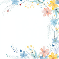 Fototapeta na wymiar Delicate Floral Border, Pastel Blue and Yellow Flowers, Invitation Background with Copy Space
