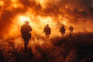 Fototapeta premium An intense image showing soldiers moving forward amidst smoke and fire, evoking a sense of urgency and action on the battlefield
