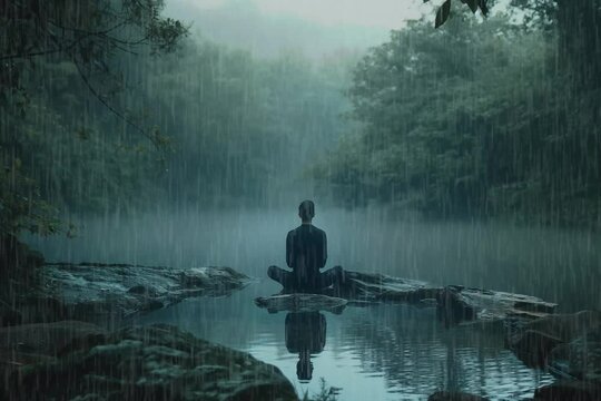 Solitary Man in Meditation, Serene Rainforest, Zen Mood with Misty Lake