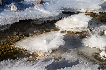 ice scupltures in a frozen creek. cold temperature. winterly landscape with water