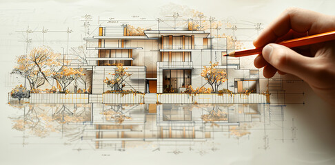  The architect draws the layout of a modern house,Generated by AI