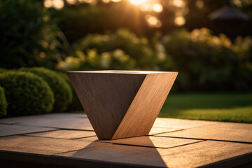 Wooden triangle podium on outdoor table against natural landscape backdrop. Wood product platform in green garden, illuminated by sunset light, natural tree and grass for presentation