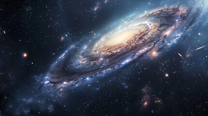 Obraz premium Stunningly detailed image of a spiral galaxy surrounded by a star-filled sky, evoking the vastness and beauty of the cosmos. Ideal for illustrating space, astronomy, and the universe