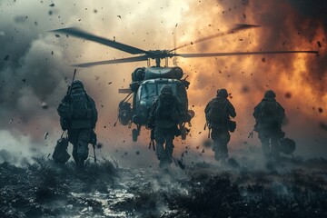 A dramatic shot showing silhouettes of armed soldiers on a mission in heavy smoke with a hovering helicopter - obrazy, fototapety, plakaty