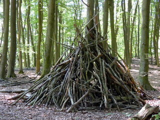 Wooden tipi tent in the Koesterbeck Forest near Rostock (Germany)