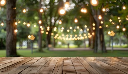 Wooden table with a background of trees and string lights in a park on a summer day anner for a product presentation in the style of a mockup for design Generative AI