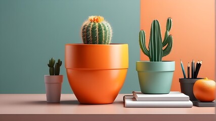 A digital illustration depicting a small cactus in an orange pot, designed as a colorful addition to office spaces, highlighting its compatibility with desk decor, office supplies, and fashion accesso