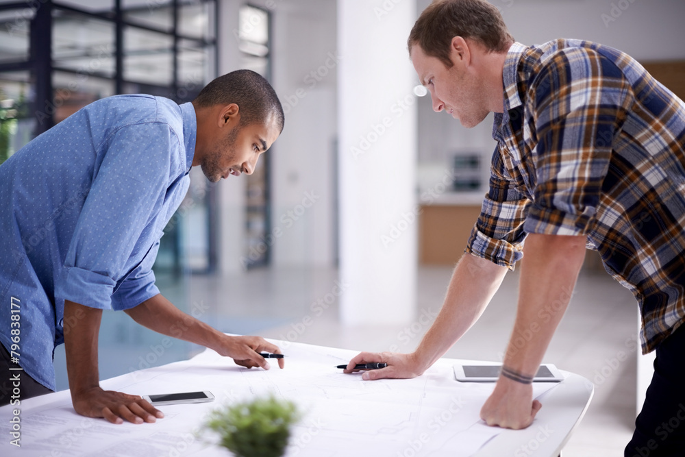 Poster man, blueprint and office teamwork planning, discussion and architect pr tablet or property design. 