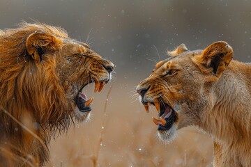 Capturing the raw power of nature, two lions are seen engaged in a loud roar possibly during a...