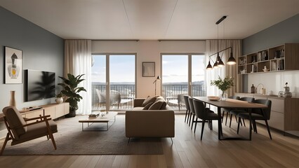 Interior design of modern Scandinavian apartment, living room and dining room, panorama