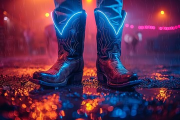 Vibrant neon reflections illuminate the cowboy boots standing on a wet street, evoking a nocturnal urban country aesthetic
