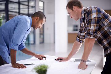 Man, blueprint and office teamwork planning, discussion and architect pr tablet or property design....