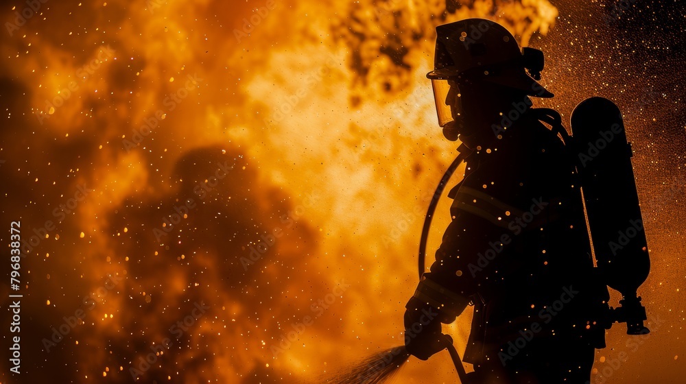 Wall mural A dramatic silhouette of a firefighter battling a blaze, their figure illuminated by the intense heat of the flames.