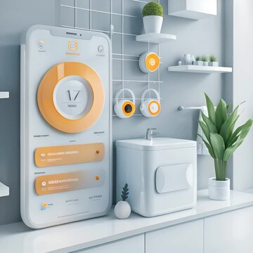 An illustration of a smart home with a mobile phone controlling various devices such as air conditioning, thermostat, lights and speakers.