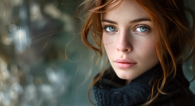 portrait of a beautiful young woman with long red hair and blue eyes, wearing a black scarf
