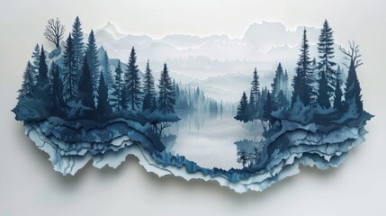 Ethereal forest with blue paper-cut trees and mystical fog in fantasy art style
