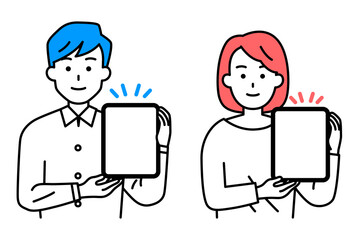 タブレットを持って説明するカジュアルな男女　セット